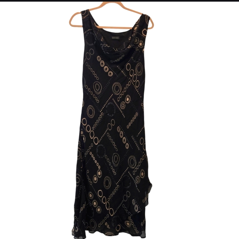 Vintage Y2K Midi Dress M Italy Cowl Neck Black Gold Sleeveless Sequin Beaded